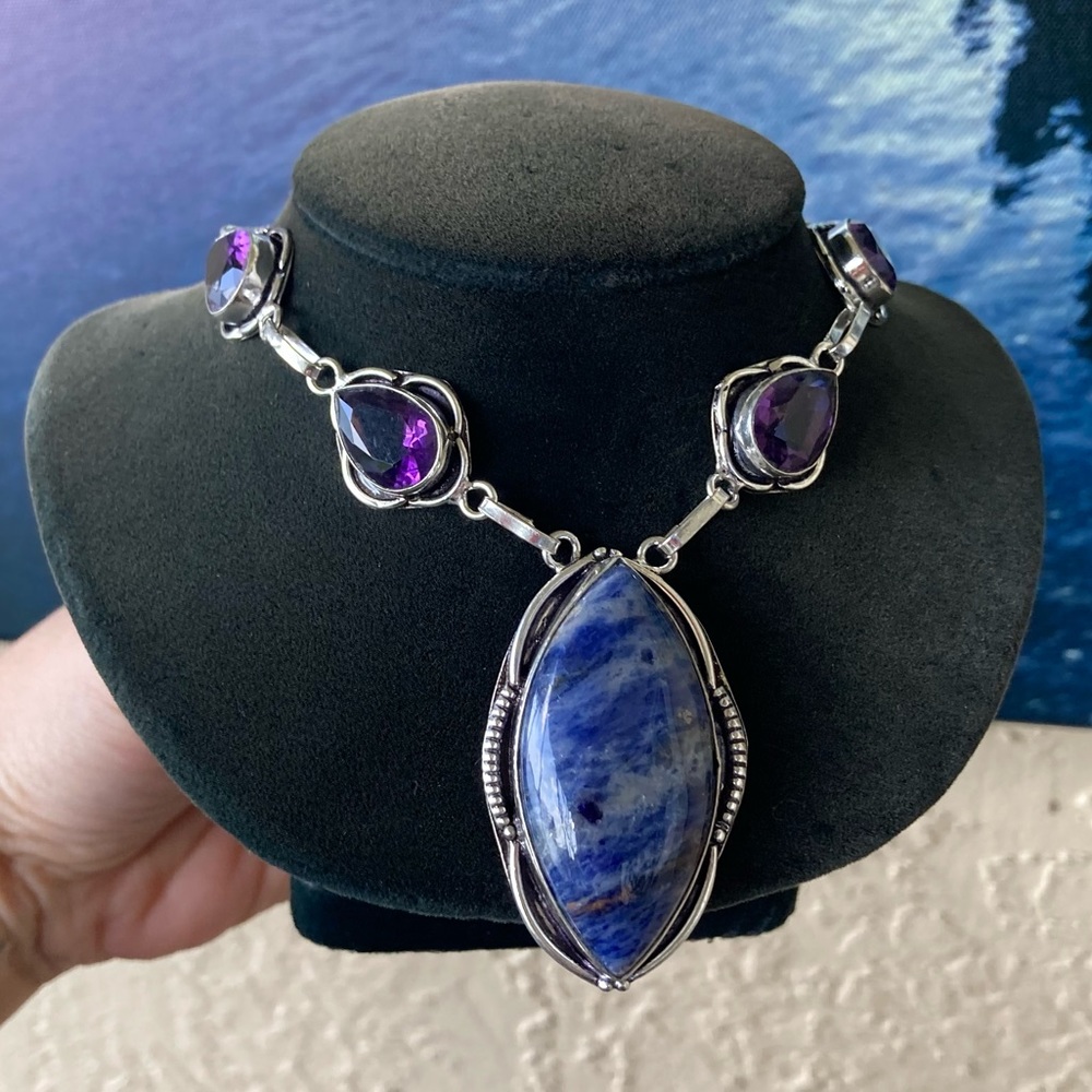 925 sterling silver overlay purple amethyst & blue sodalite stone boho necklace - Picture 10 of 15